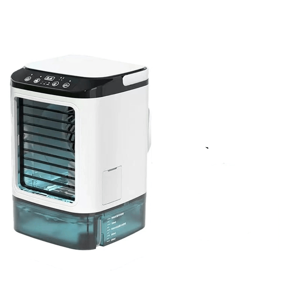 Portable air conditioner with humidifier function, compact mini cooling unit designed for bedroom and office use, featuring a sleek design and efficient cooling capabilities. 4