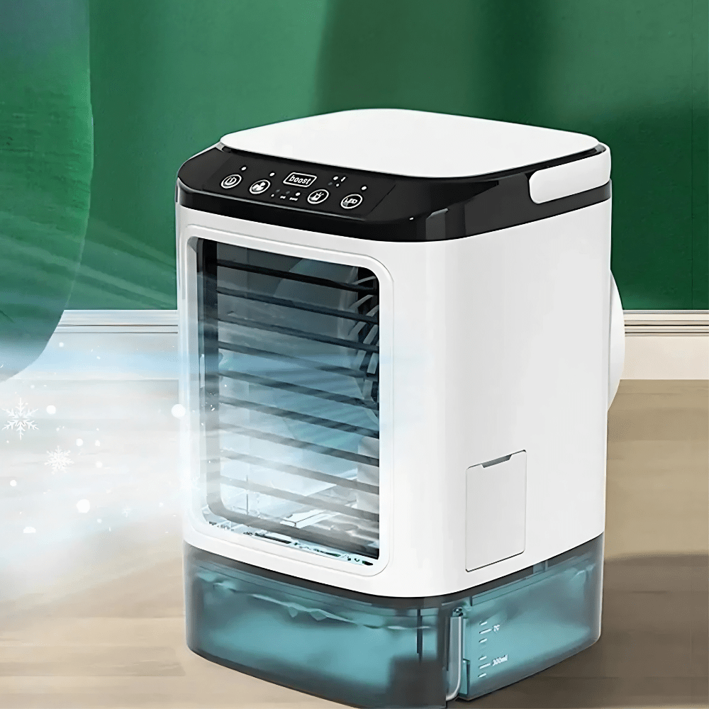 Portable air conditioner with humidifier function, compact mini cooling unit designed for bedroom and office use, featuring a sleek design and efficient cooling capabilities. 0
