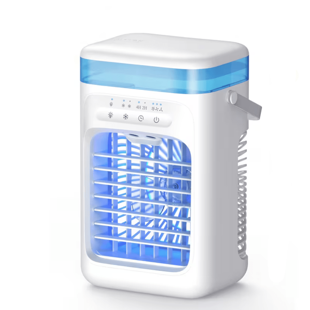 Portable air conditioner with humidifier function, compact USB cooling fan designed for desktop use, featuring a sleek design and efficient cooling technology. 5