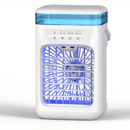 Portable air conditioner with humidifier function, compact USB cooling fan designed for desktop use, featuring a sleek design and efficient cooling technology. 0