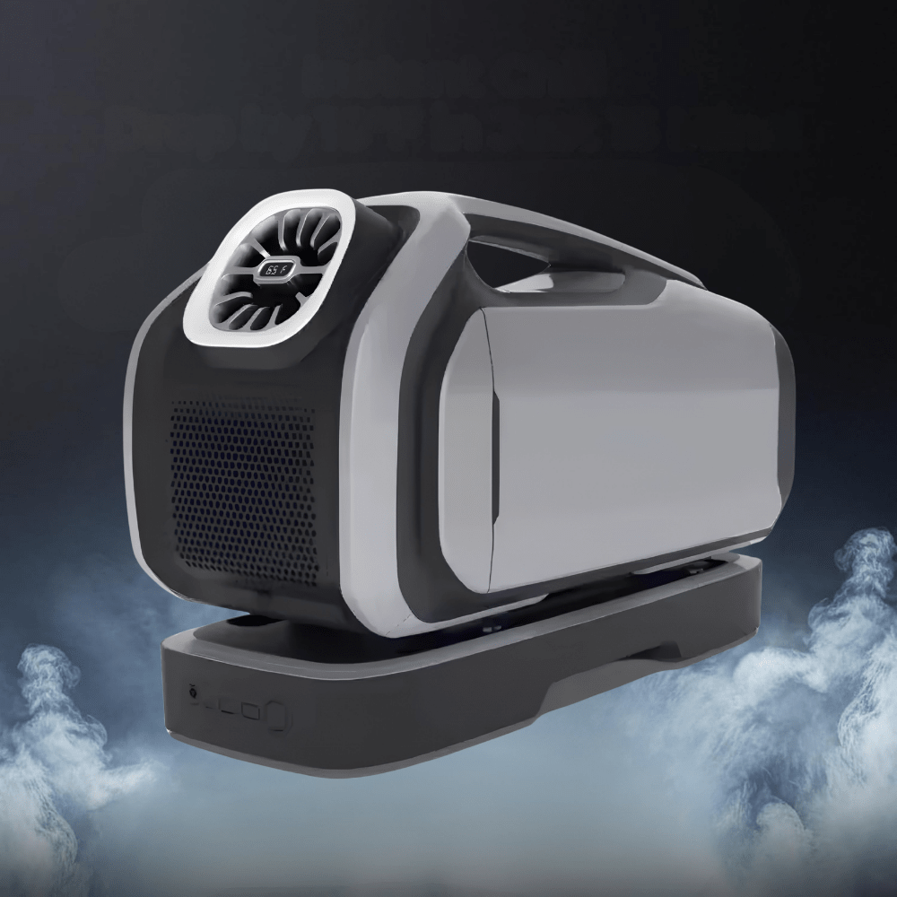 Portable air conditioner with rechargeable battery, designed for outdoor use, featuring a compact and lightweight design ideal for camping and travel. 0