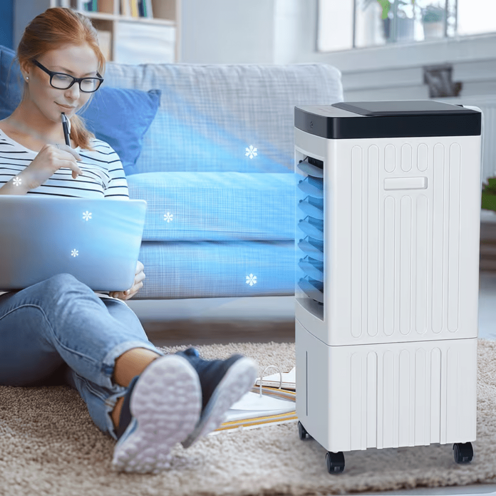 Portable air conditioner with remote control designed for large rooms, featuring evaporative cooling technology and an energy-efficient design. 1
