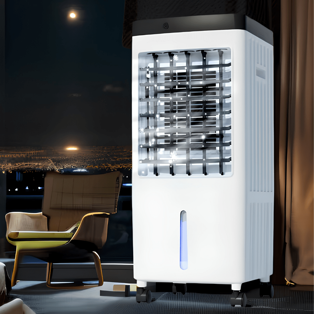 Portable air conditioner with remote control designed for large rooms, featuring evaporative cooling technology and an energy-efficient design. 0