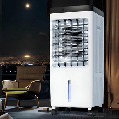 Portable air conditioner with remote control designed for large rooms, featuring evaporative cooling technology and an energy-efficient design. 0