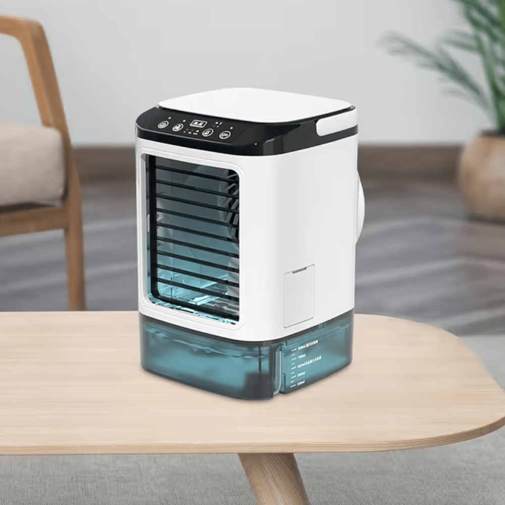 Portable air conditioner featuring a water cooling function, compact design, and USB power for efficient cooling at home or while traveling. 1