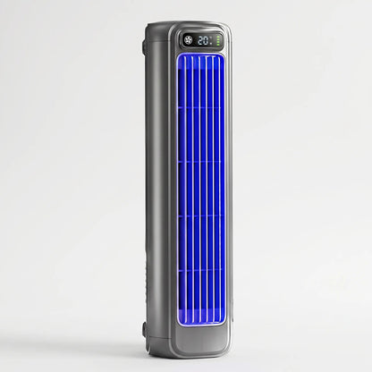 Portable air cooler with a rechargeable battery in a compact bladeless design, featuring a sleek grey finish and capable of providing up to 12 hours of cooling 2