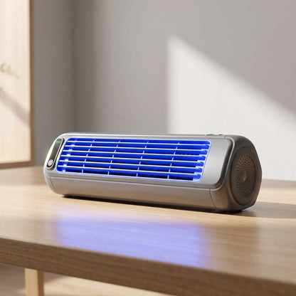 Portable air cooler with a rechargeable battery in a compact bladeless design, featuring a sleek grey finish and capable of providing up to 12 hours of cooling 1