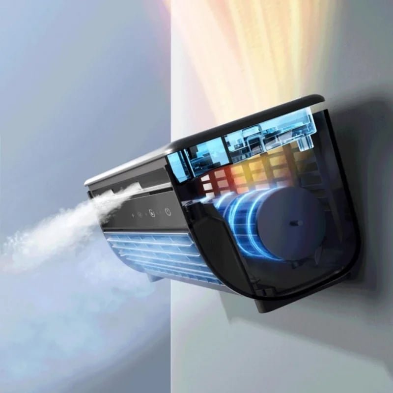 Portable air cooler with a rechargeable battery in a compact bladeless design, featuring a sleek grey finish and capable of providing up to 12 hours of cooling 8