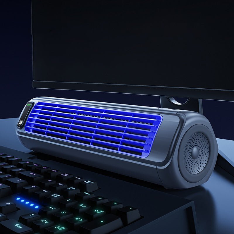 Portable air cooler with a rechargeable battery in a compact bladeless design, featuring a sleek grey finish and capable of providing up to 12 hours of cooling 3