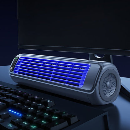 Portable air cooler with a rechargeable battery in a compact bladeless design, featuring a sleek grey finish and capable of providing up to 12 hours of cooling 3