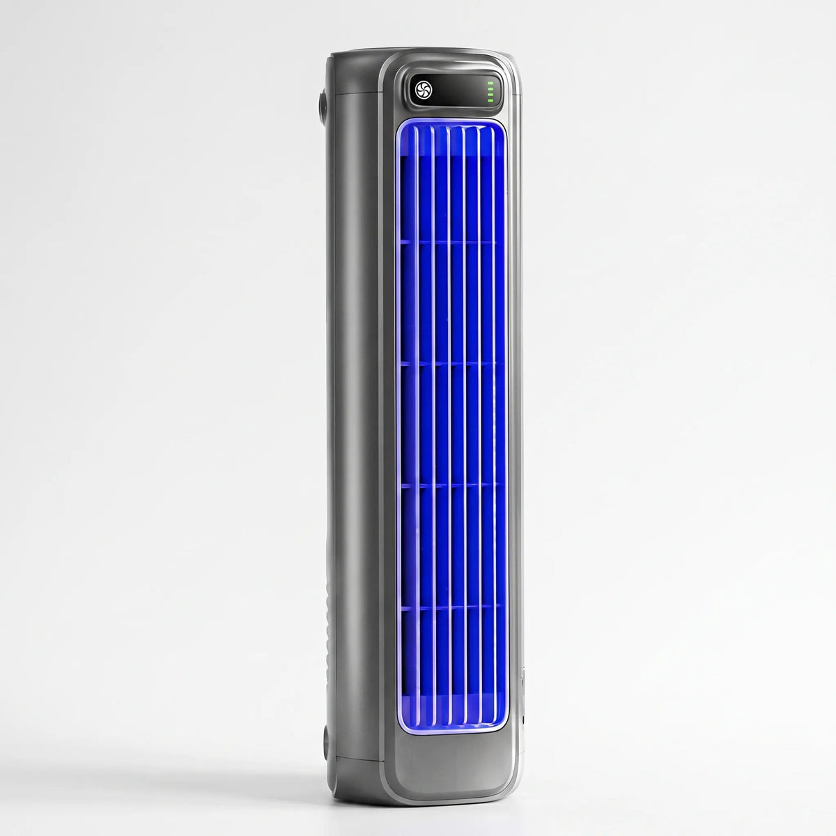 Portable air cooler with a rechargeable battery in a compact bladeless design, featuring a sleek grey finish and capable of providing up to 12 hours of cooling 0