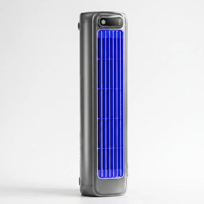 Portable air cooler with a rechargeable battery in a compact bladeless design, featuring a sleek grey finish and capable of providing up to 12 hours of cooling 0