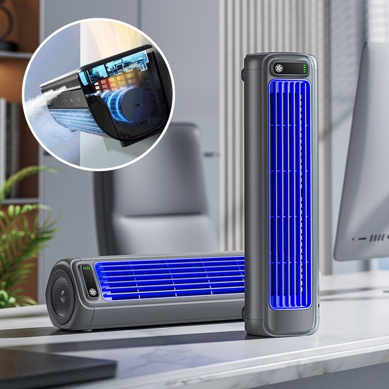 Portable air cooler with a rechargeable battery in a compact bladeless design, featuring a sleek grey finish and capable of providing up to 12 hours of cooling 5