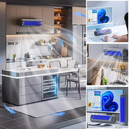 Portable air cooler with a rechargeable battery in a compact bladeless design, featuring a sleek grey finish and capable of providing up to 12 hours of cooling 6