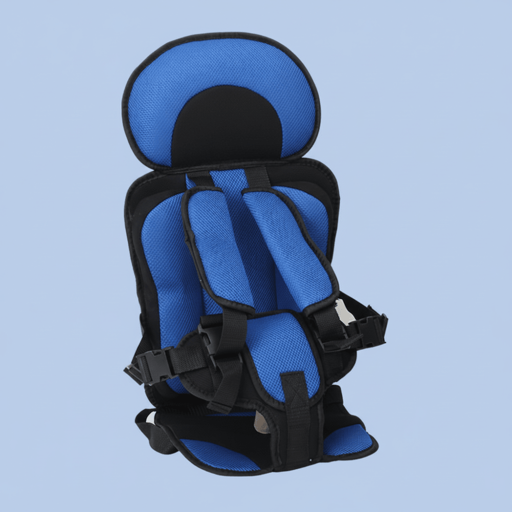 Portable booster seat for children featuring cushioned support, designed for safety and comfort during travel, lightweight for easy installation. 1