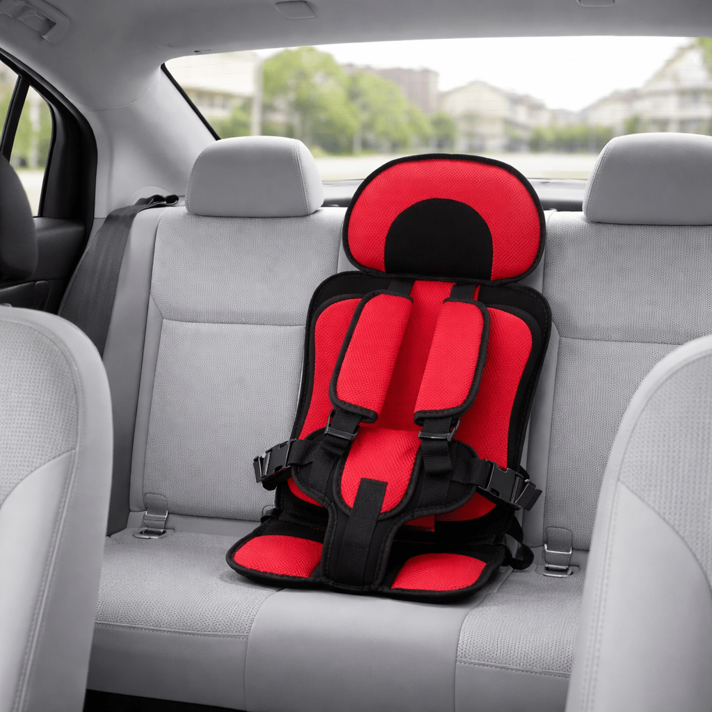 Portable booster seat for children featuring cushioned support, designed for safety and comfort during travel, lightweight for easy installation. 2