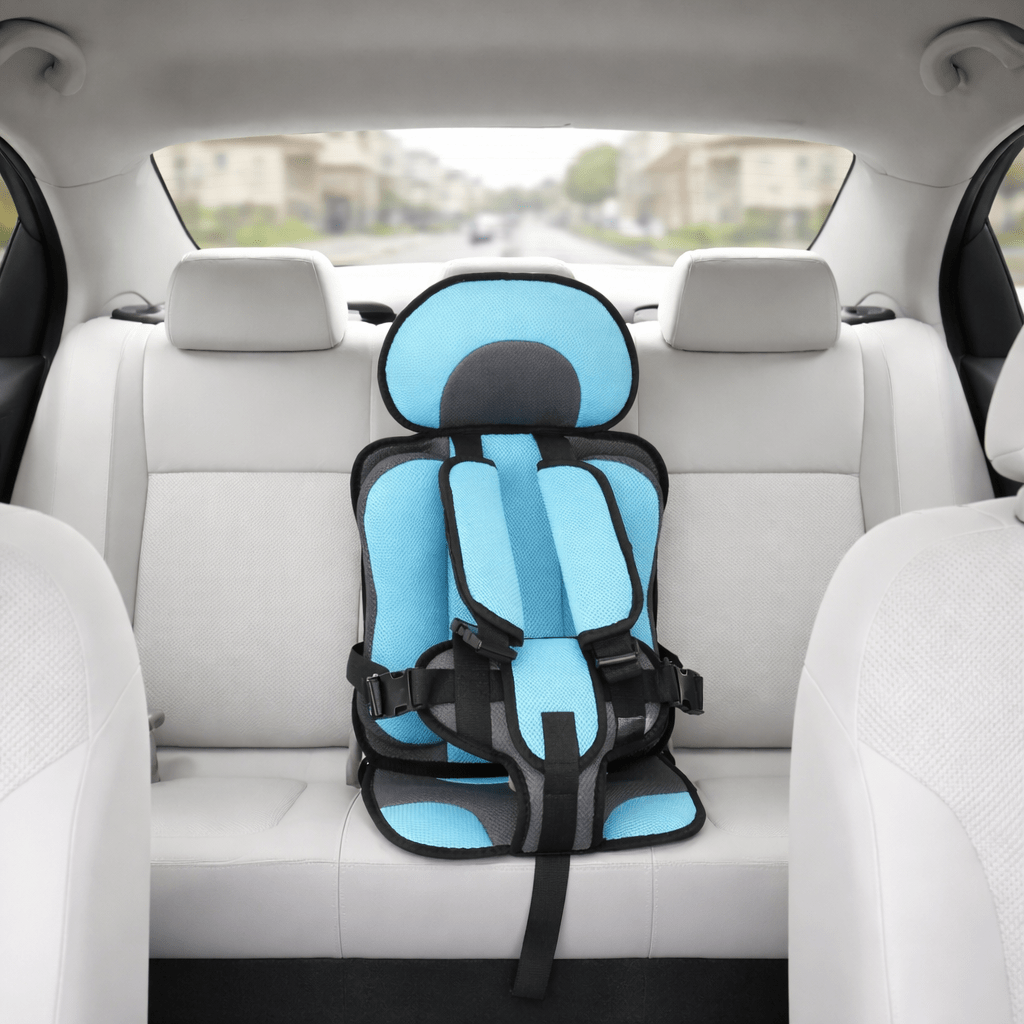 Portable booster seat for children featuring cushioned support, designed for safety and comfort during travel, lightweight for easy installation. 11