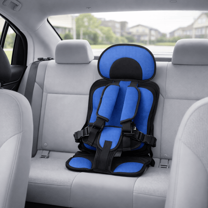 Portable booster seat for children featuring cushioned support, designed for safety and comfort during travel, lightweight for easy installation. 0