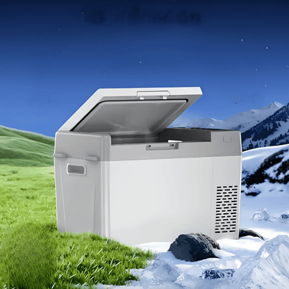 Portable car fridge freezer with adjustable temperature settings, 25QT capacity, and 12V compressor design, ideal for travel and outdoor adventures. 0
