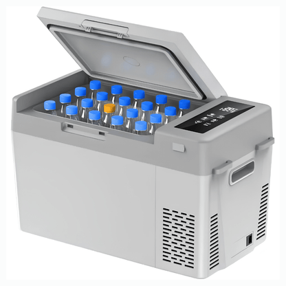 Portable car fridge freezer with adjustable temperature settings, 25QT capacity, and 12V compressor design, ideal for travel and outdoor adventures. 2