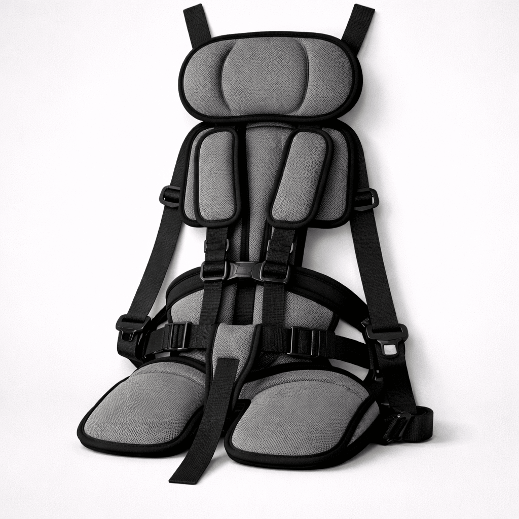 Portable child safety seat featuring a 5-point harness, designed for lightweight travel, ensuring easy installation and maximum safety for kids in vehicles. 8
