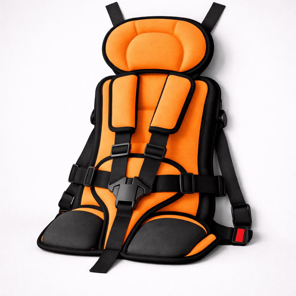 Portable child safety seat featuring a 5-point harness, designed for lightweight travel, ensuring easy installation and maximum safety for kids in vehicles. 12