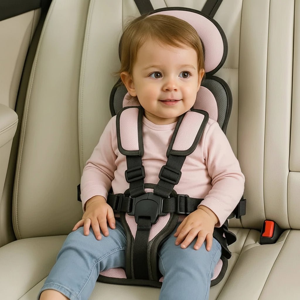 Portable child safety seat featuring a 5-point harness, designed for lightweight travel, ensuring easy installation and maximum safety for kids in vehicles. 6