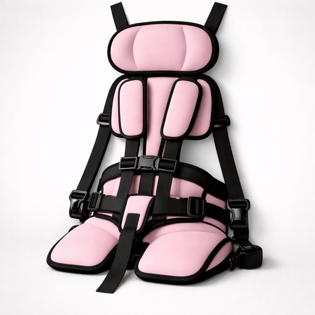 Portable child safety seat featuring a 5-point harness, designed for lightweight travel, ensuring easy installation and maximum safety for kids in vehicles. 5