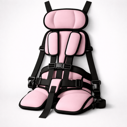 Portable child safety seat featuring a 5-point harness, designed for lightweight travel, ensuring easy installation and maximum safety for kids in vehicles. 5