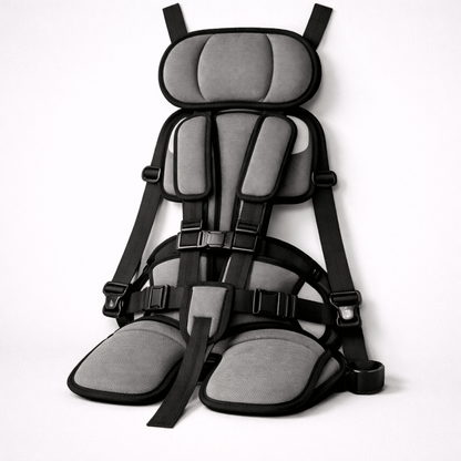 Portable child safety seat featuring a 5-point harness, designed for lightweight travel, ensuring easy installation and maximum safety for kids in vehicles. 10
