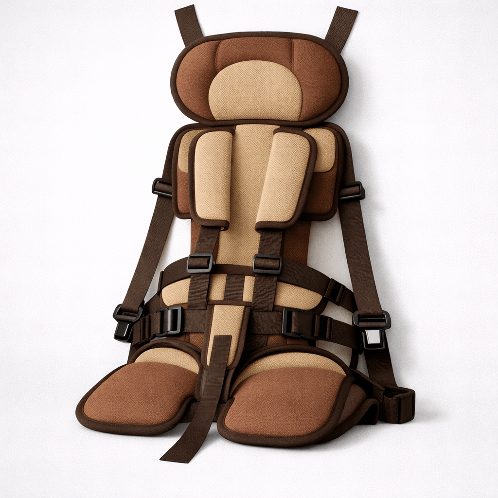 Portable child safety seat featuring a 5-point harness, designed for lightweight travel, ensuring easy installation and maximum safety for kids in vehicles. 11