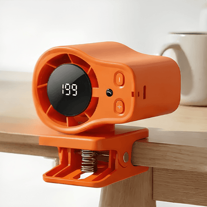 Portable clip-on fan with adjustable airflow settings and LED display, perfect for desk use or travel, providing compact cooling solutions. 1