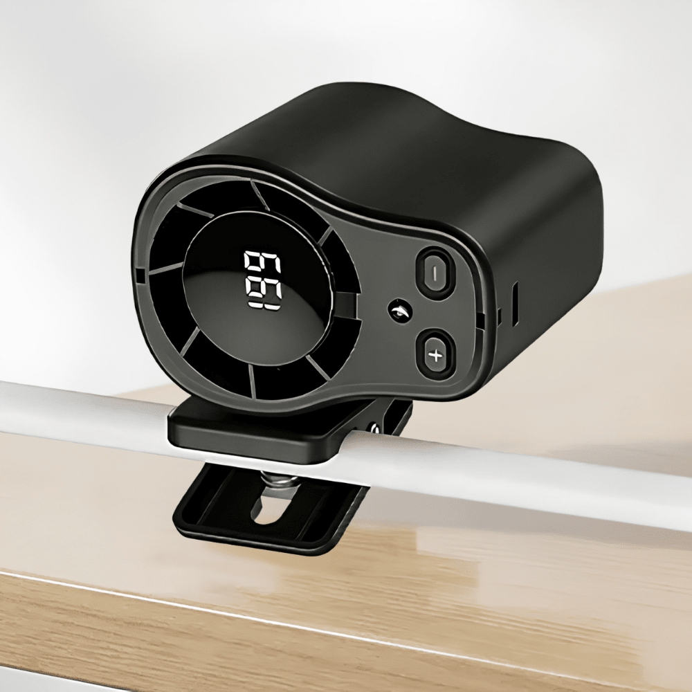 Portable clip-on fan with adjustable airflow settings and LED display, perfect for desk use or travel, providing compact cooling solutions. 0