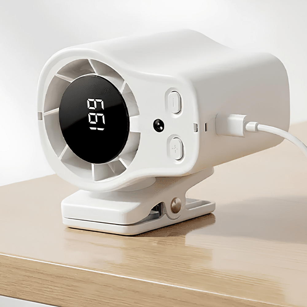 Portable clip-on fan with adjustable airflow settings and LED display, perfect for desk use or travel, providing compact cooling solutions. 3