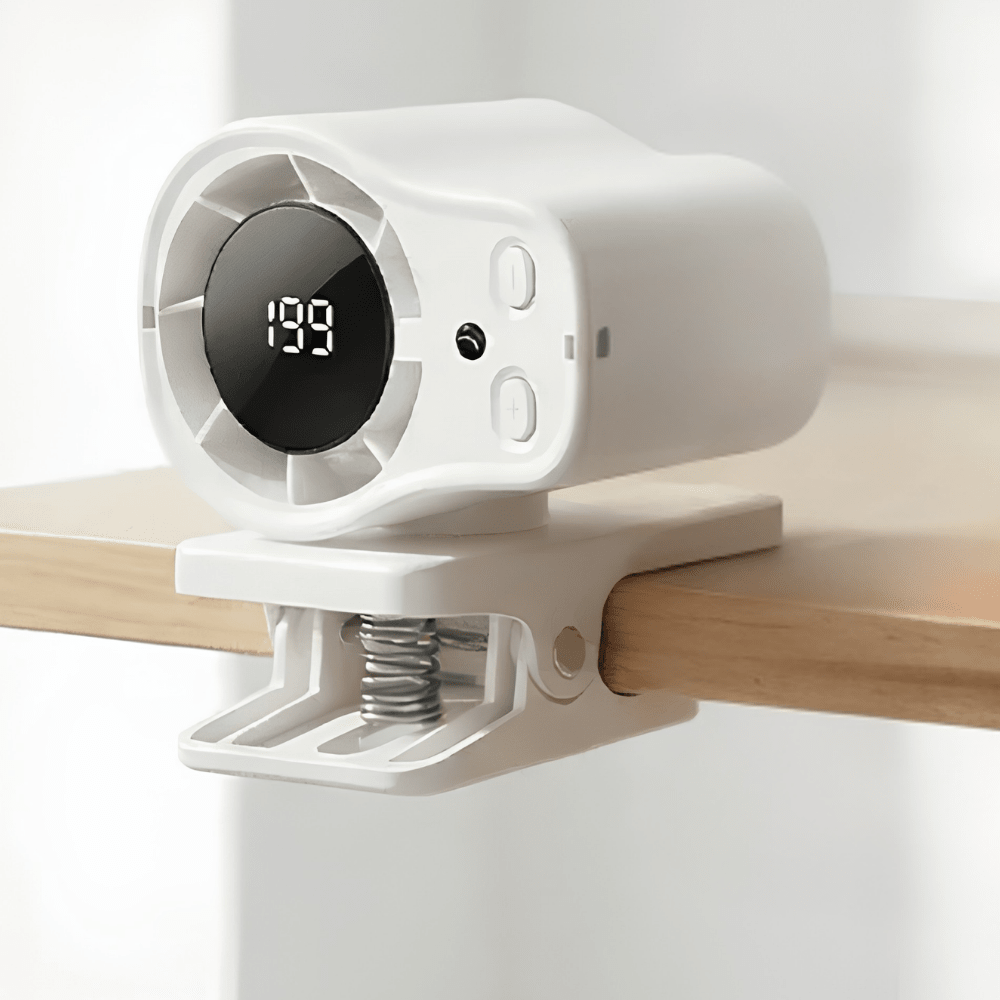 Portable clip-on fan with adjustable airflow settings and LED display, perfect for desk use or travel, providing compact cooling solutions. 2