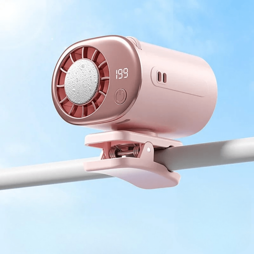 Portable Clip-On USB Fan featuring adjustable airflow and a protective mesh guard, perfect for travel and personal cooling needs. 3