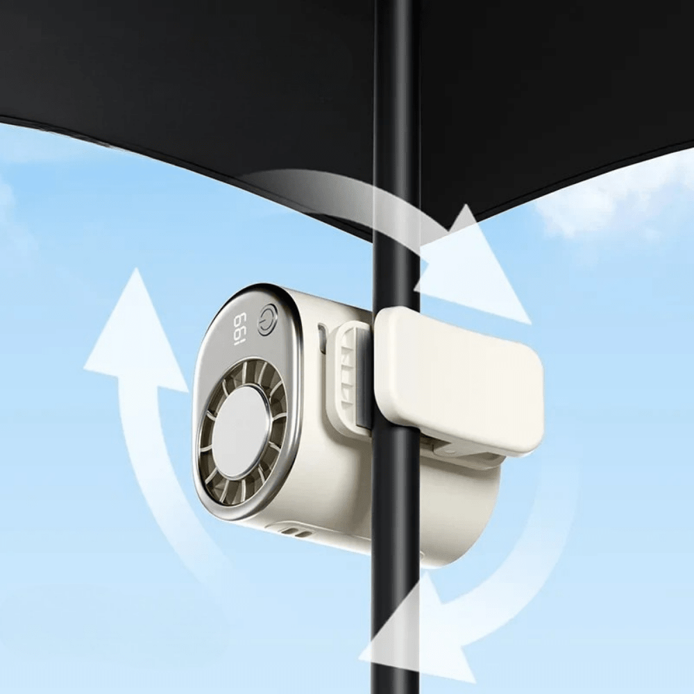 Portable Clip-On USB Fan featuring adjustable airflow and a protective mesh guard, perfect for travel and personal cooling needs. 5