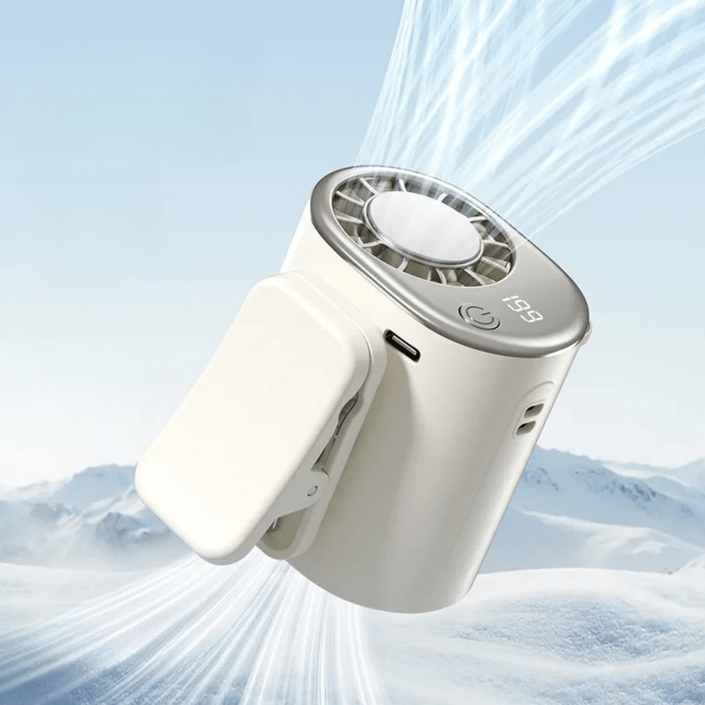 Portable Clip-On USB Fan featuring adjustable airflow and a protective mesh guard, perfect for travel and personal cooling needs. 4