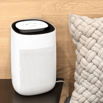 Portable dehumidifier and air purifier featuring a True HEPA filter, designed for compact and quiet operation in home and bathroom settings. 0