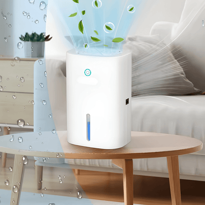 Portable dehumidifier designed for bathroom and bedroom use, featuring quiet operation and a large capacity for effective moisture control in a compact size. 0