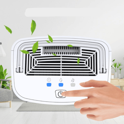 Portable dehumidifier designed for bathrooms and bedrooms featuring quiet operation, a large tank, and efficient moisture control. 3