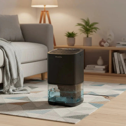 Portable dehumidifier designed for bathroom and home use, featuring a quiet operation and compact size for effective moisture control in small spaces. 1