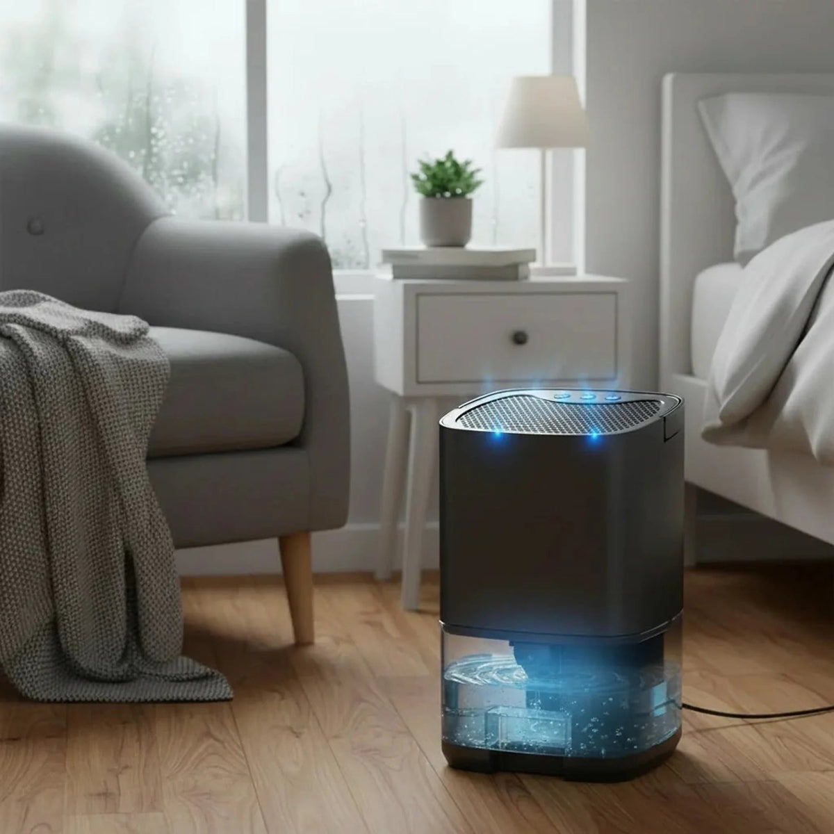 Portable dehumidifier designed for bathroom and home use, featuring a quiet operation and compact size for effective moisture control in small spaces. 0