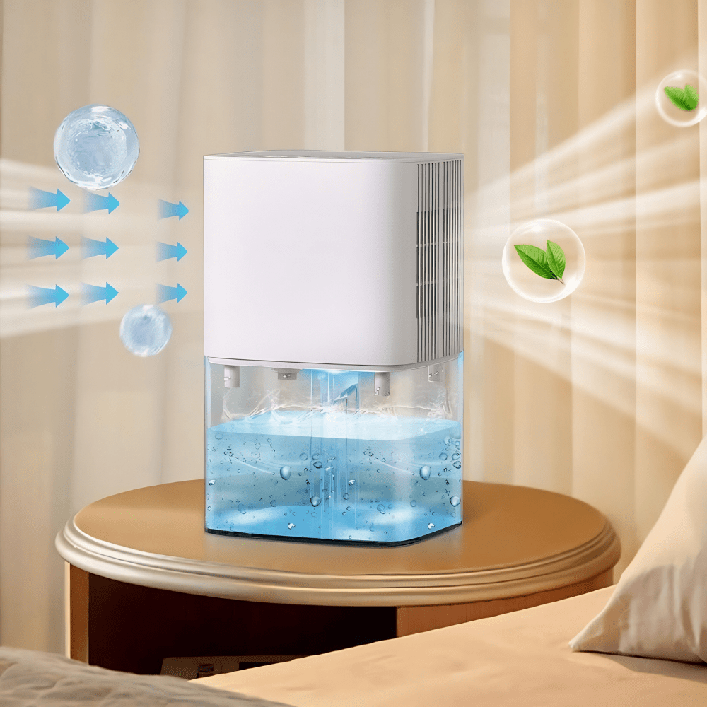 Portable dehumidifier for bedroom and bathroom featuring a 58oz tank, designed for quiet operation and compact use, effectively reducing humidity levels. 0