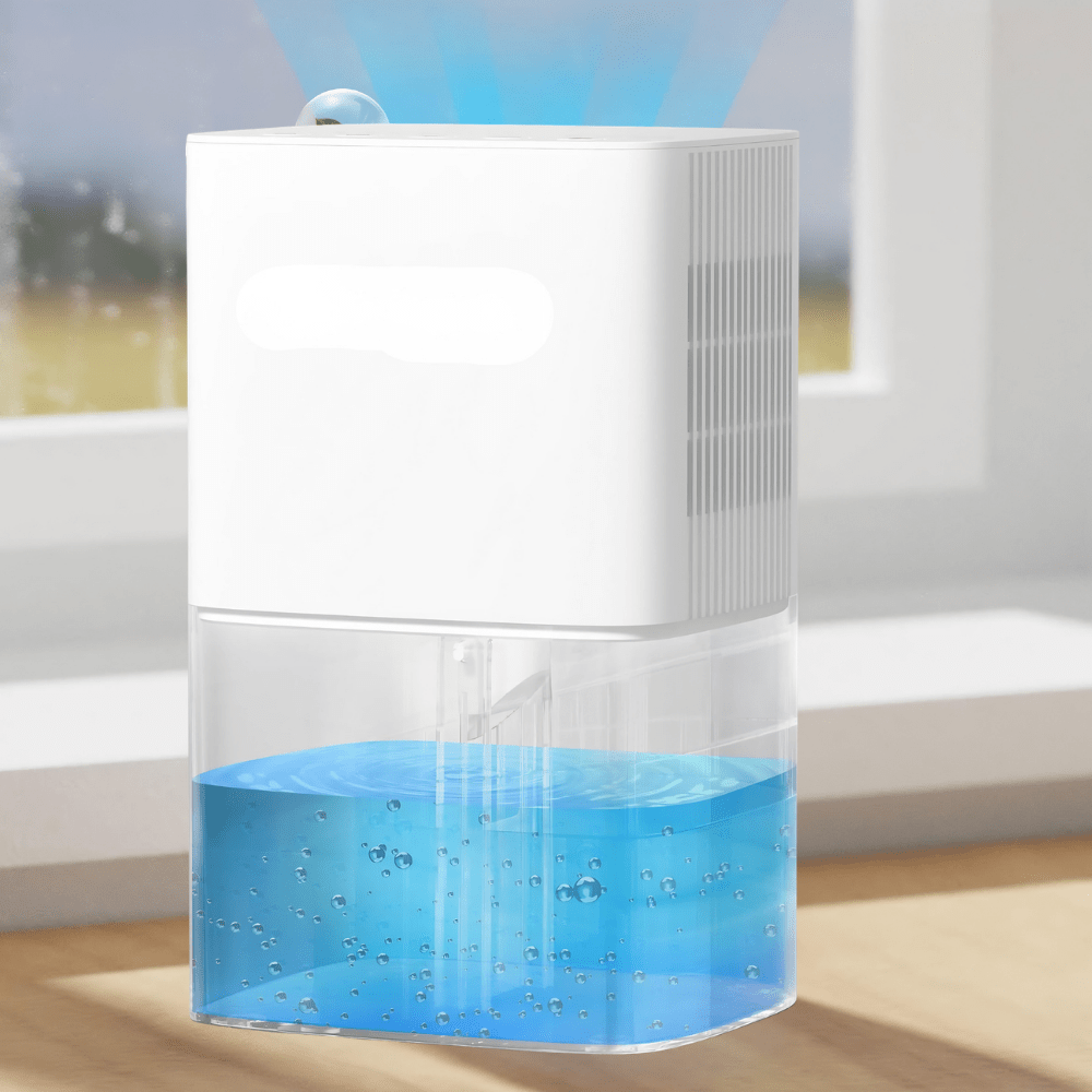 Portable dehumidifier for bedroom and bathroom featuring a 58oz tank, designed for quiet operation and compact use, effectively reducing humidity levels. 3