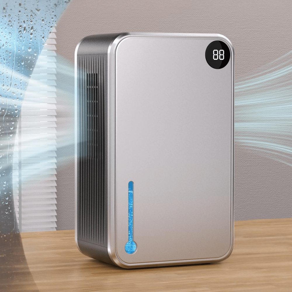 Portable dehumidifier for bedroom and bathroom, featuring auto shut-off, compact design, and quiet operation for effective moisture removal. 0