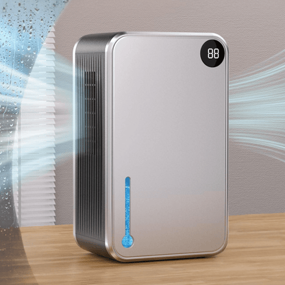 Portable dehumidifier for bedroom and bathroom, featuring auto shut-off, compact design, and quiet operation for effective moisture removal. 0