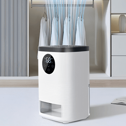 Portable dehumidifier in white designed for bedrooms and bathrooms, featuring auto shut off and quiet operation for effective small-space moisture control. 0