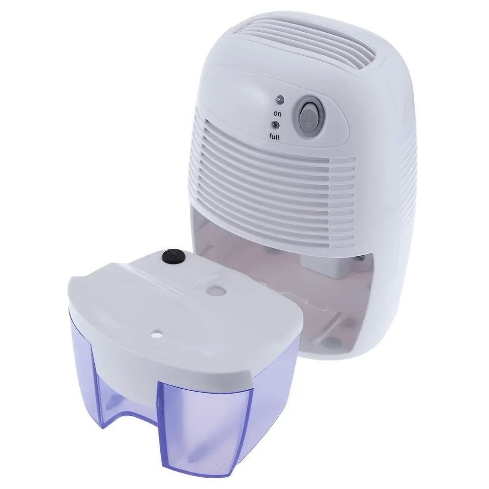 Portable dehumidifier for bedroom in white, designed for quiet operation; compact moisture absorber perfect for small spaces. 2