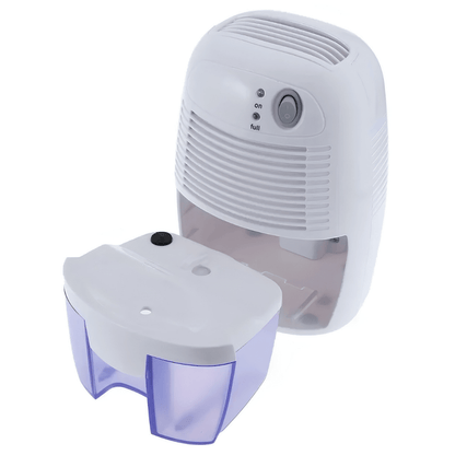 Portable dehumidifier for bedroom in white, designed for quiet operation; compact moisture absorber perfect for small spaces. 2